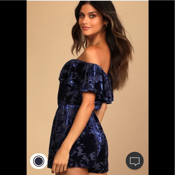 Lulus Navy Blue Burnout Velvet Off-Shoulder Romper - Picture 2 of 4